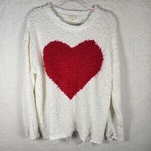 Mainstrip Sweater White Red Heart Distressed Grunge Size L